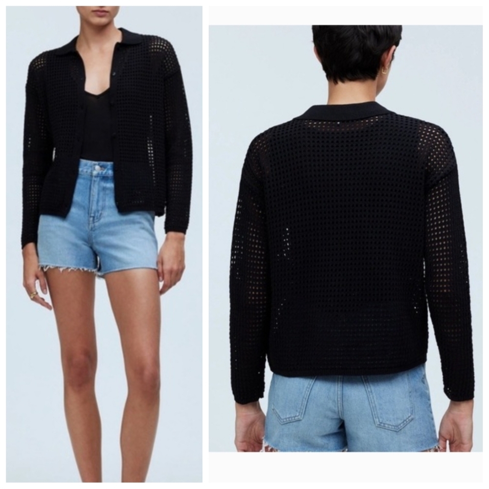 Madewell Open-Stitch Polo Cardigan In Black Size Large - Picture 2 of 5